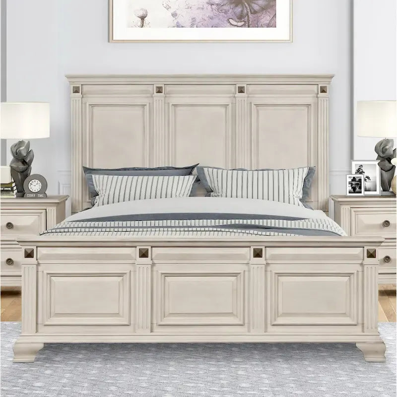 Distressed Parchment Wood Panel Bed with Fluted Pilasters - King/Queen
