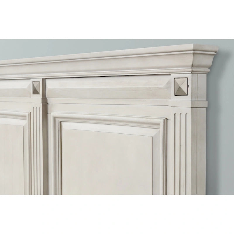 Distressed Parchment Wood Panel Bed with Fluted Pilasters - King/Queen