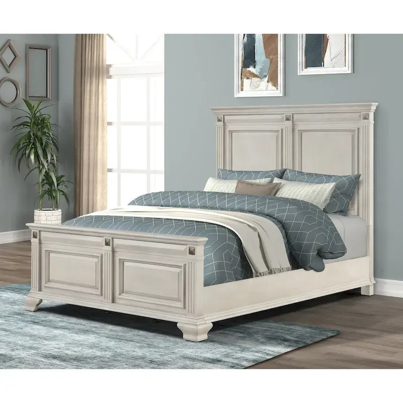 Distressed Parchment Wood Panel Bed with Fluted Pilasters - King/Queen