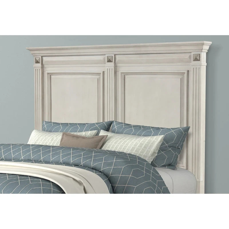 Distressed Parchment Wood Panel Bed with Fluted Pilasters - King/Queen