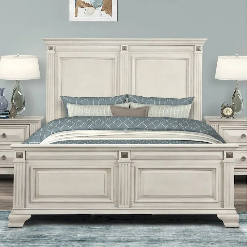 Distressed Parchment Wood Panel Bed with Fluted Pilasters - King/Queen
