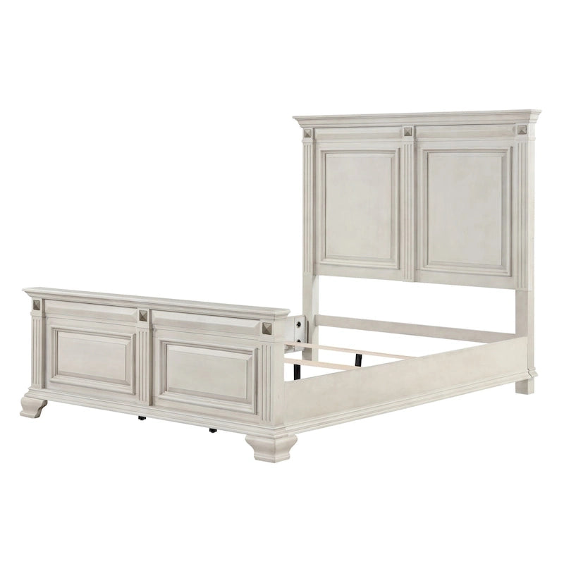 Distressed Parchment Wood Panel Bed with Fluted Pilasters - King/Queen