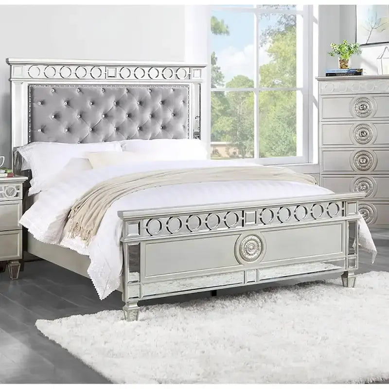 Gray Velvet Full Bed with Button Tufted Headboard and Mirrored Silver Trim