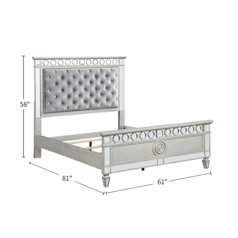 Gray Velvet Full Bed with Button Tufted Headboard and Mirrored Silver Trim
