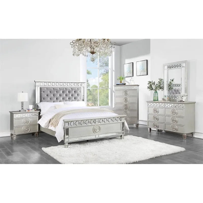 Gray Velvet Full Bed with Button Tufted Headboard and Mirrored Silver Trim