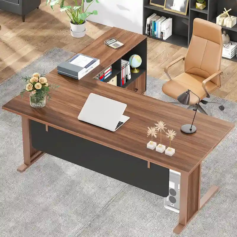 63-Inch L-Shaped Executive Desk with Mobile File Cabinet - Vintage Brown