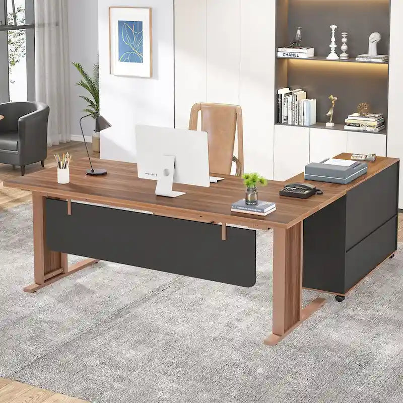 63-Inch L-Shaped Executive Desk with Mobile File Cabinet - Vintage Brown