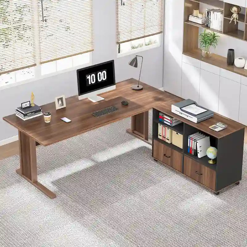 63-Inch L-Shaped Executive Desk with Mobile File Cabinet - Vintage Brown