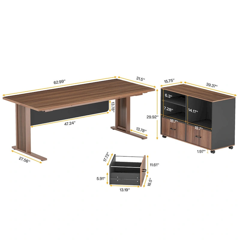 63-Inch L-Shaped Executive Desk with Mobile File Cabinet - Vintage Brown