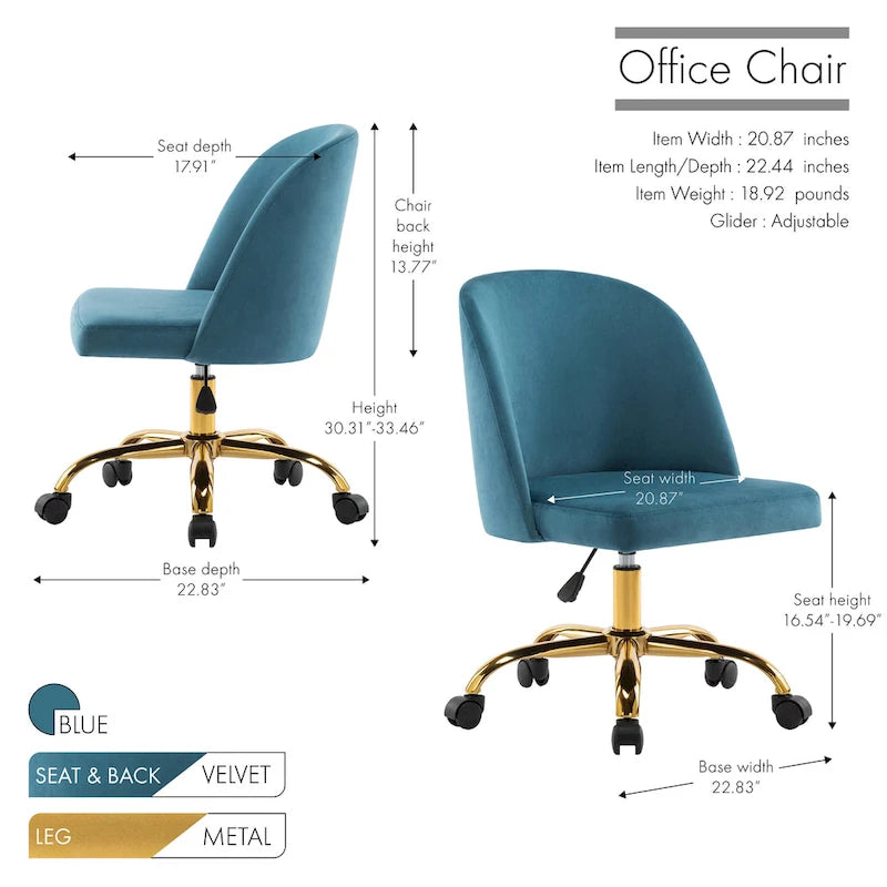 Armless Velvet Swivel Desk Chair with Gold Chrome Legs - Height Adjustable