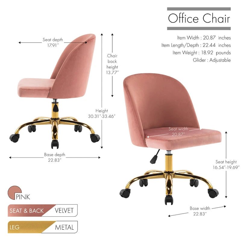 Armless Velvet Swivel Desk Chair with Gold Chrome Legs - Height Adjustable