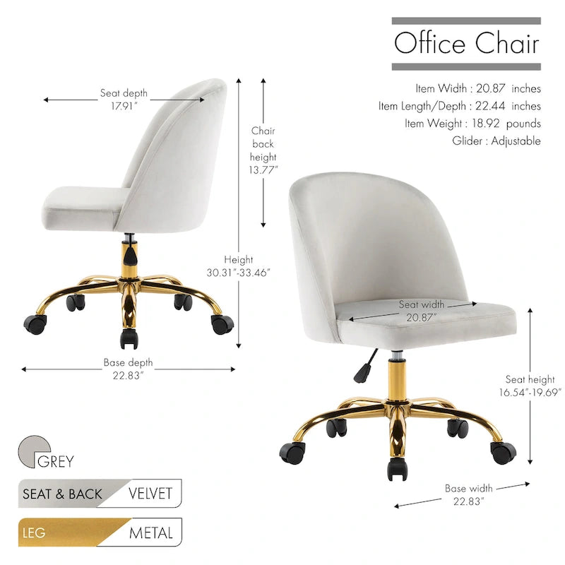 Armless Velvet Swivel Desk Chair with Gold Chrome Legs - Height Adjustable