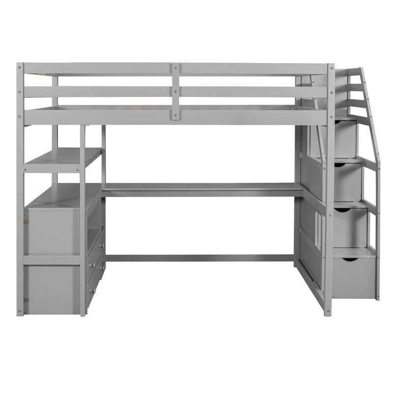 Full Size Loft Bed with Desk, Shelves, 2 Drawers and Storage Staircase - Gray