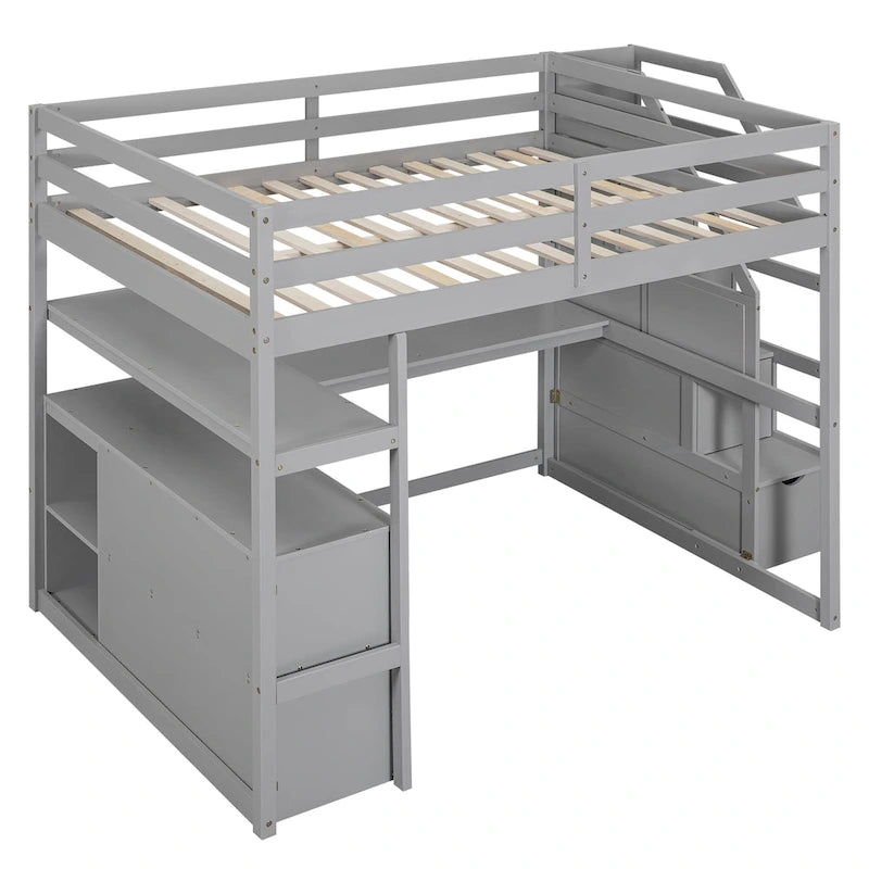 Full Size Loft Bed with Desk, Shelves, 2 Drawers and Storage Staircase - Gray