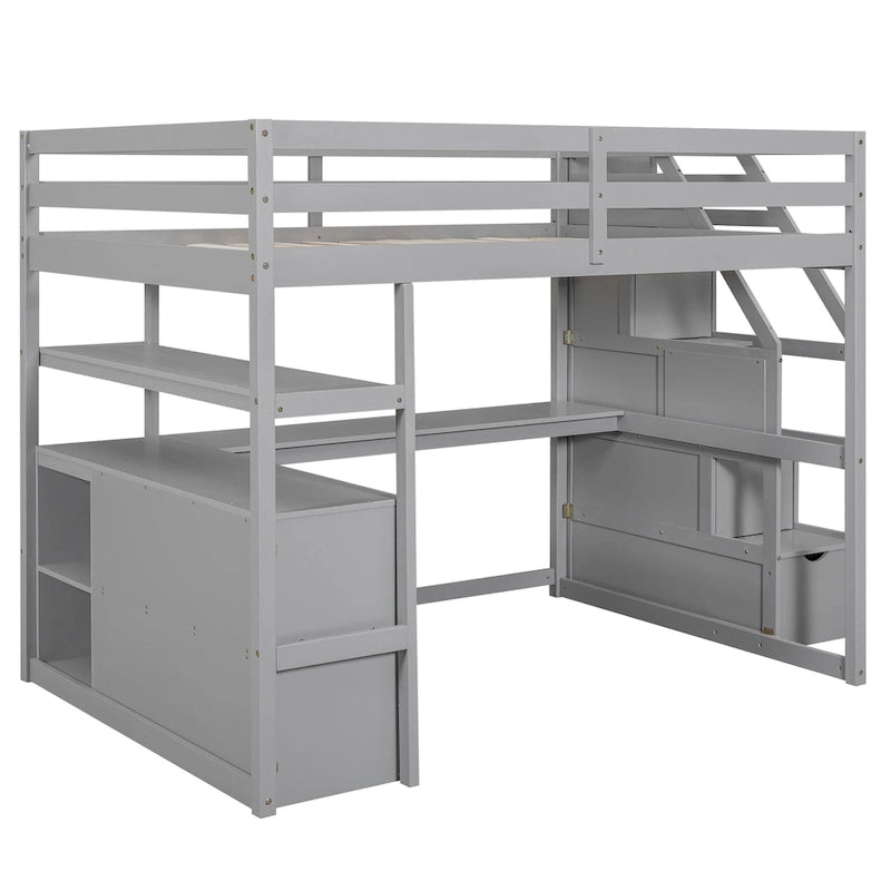 Full Size Loft Bed with Desk, Shelves, 2 Drawers and Storage Staircase - Gray