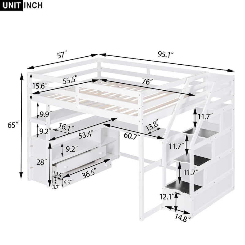 Full Size Loft Bed with Desk, Shelves, 2 Drawers and Storage Staircase - Gray