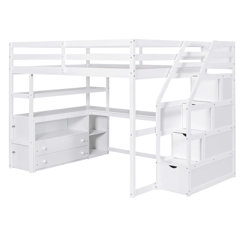 Full Size Loft Bed with Desk, Shelves, 2 Drawers and Storage Staircase - Gray