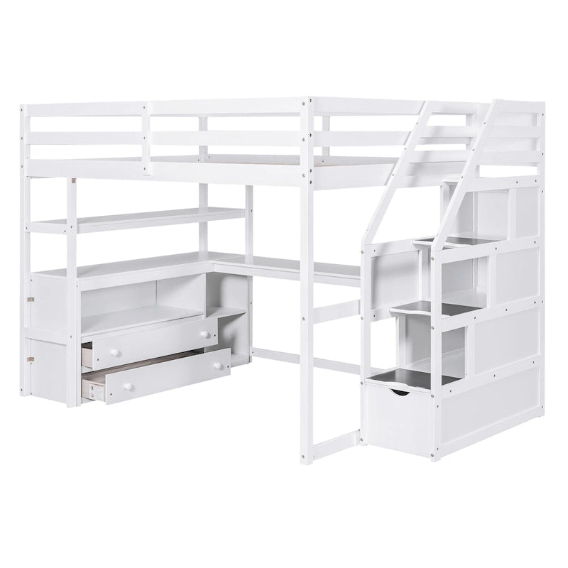Full Size Loft Bed with Desk, Shelves, 2 Drawers and Storage Staircase - Gray