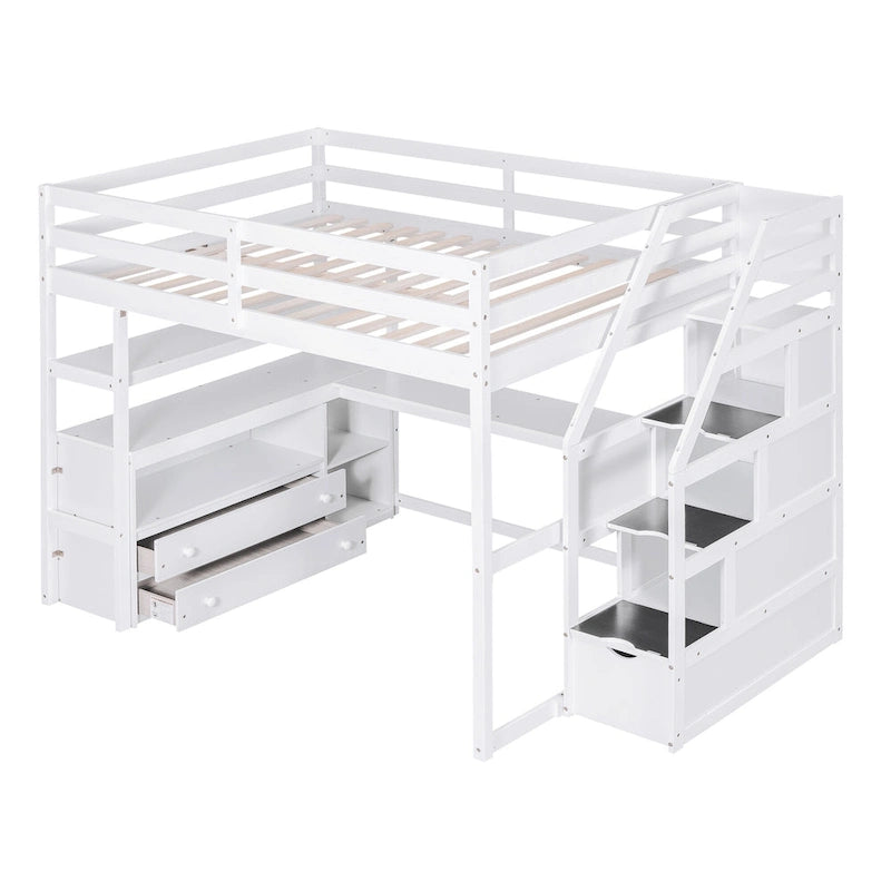 Full Size Loft Bed with Desk, Shelves, 2 Drawers and Storage Staircase - Gray