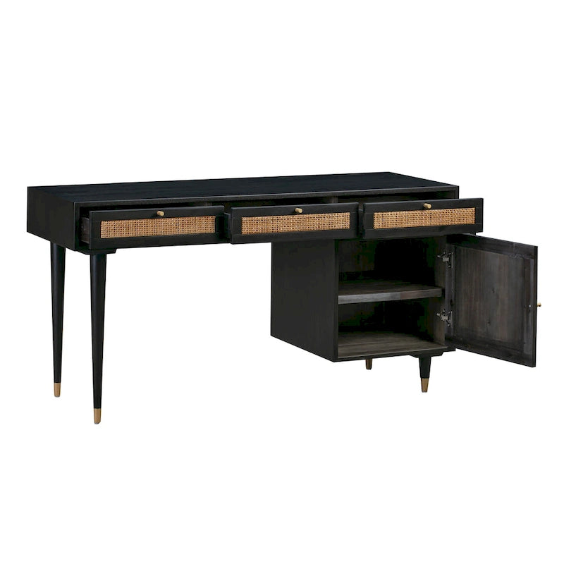 Wood and Cane 3 Drawer Desk with Brass Details