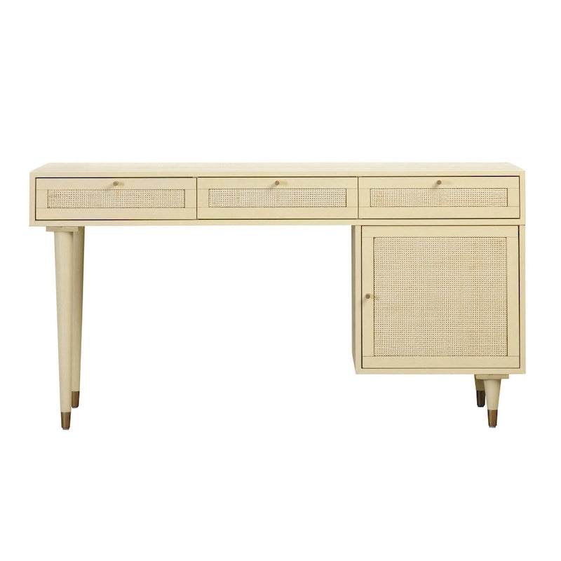 Wood and Cane 3 Drawer Desk with Brass Details