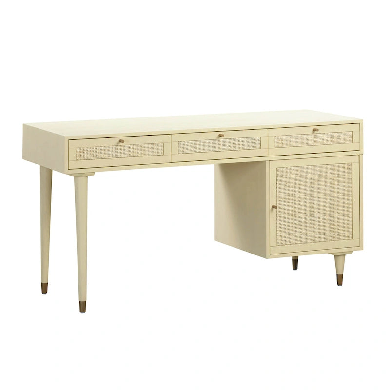 Wood and Cane 3 Drawer Desk with Brass Details