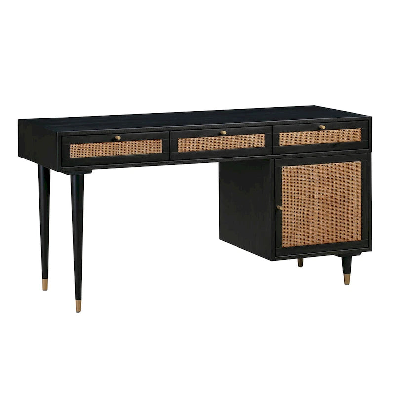 Wood and Cane 3 Drawer Desk with Brass Details