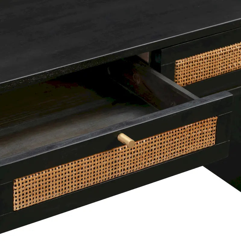 Wood and Cane 3 Drawer Desk with Brass Details