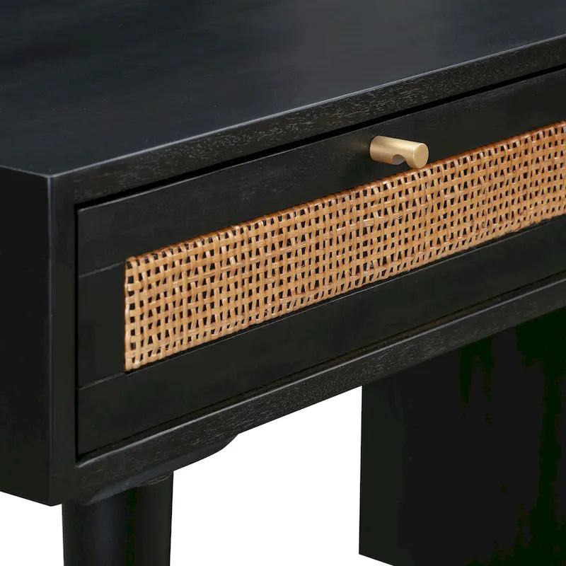 Wood and Cane 3 Drawer Desk with Brass Details
