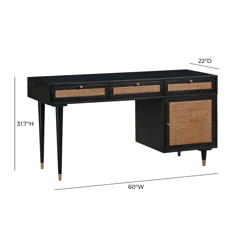 Wood and Cane 3 Drawer Desk with Brass Details