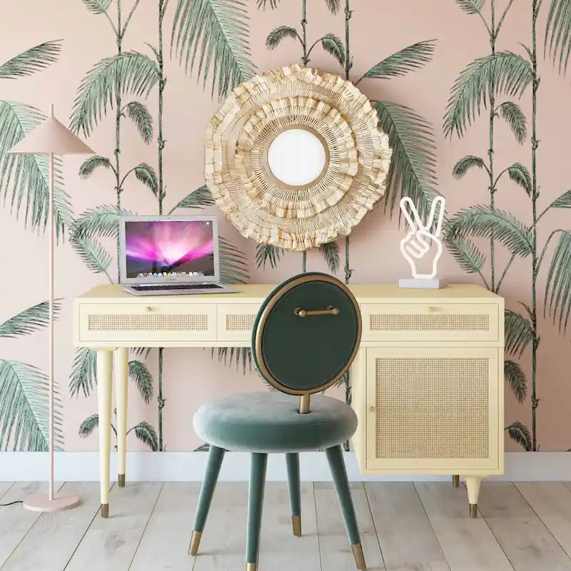 Wood and Cane 3 Drawer Desk with Brass Details