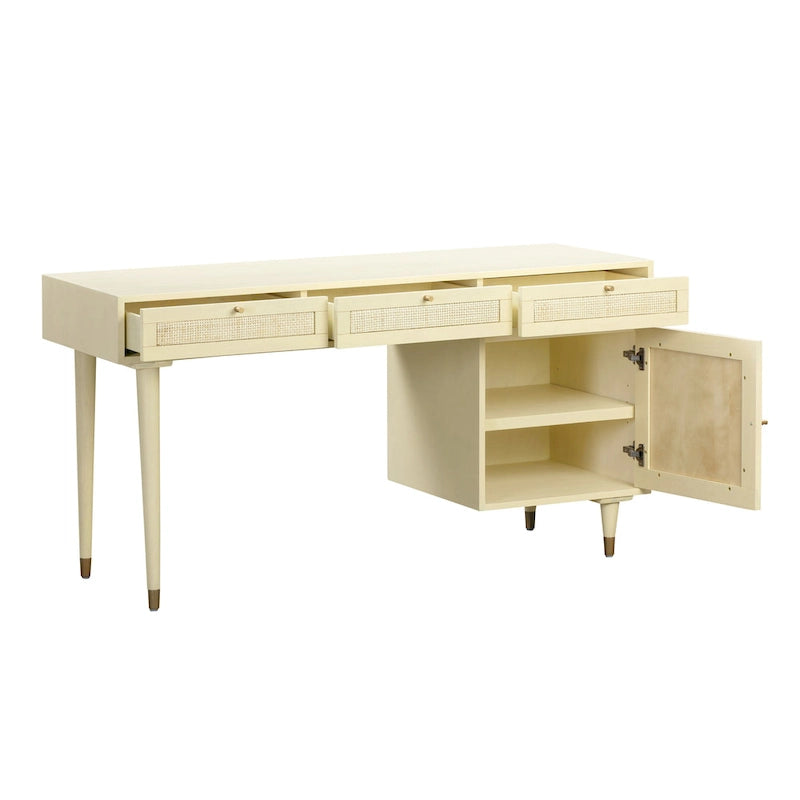 Wood and Cane 3 Drawer Desk with Brass Details
