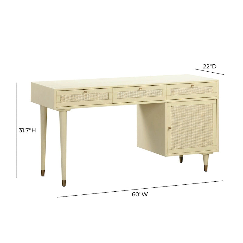 Wood and Cane 3 Drawer Desk with Brass Details