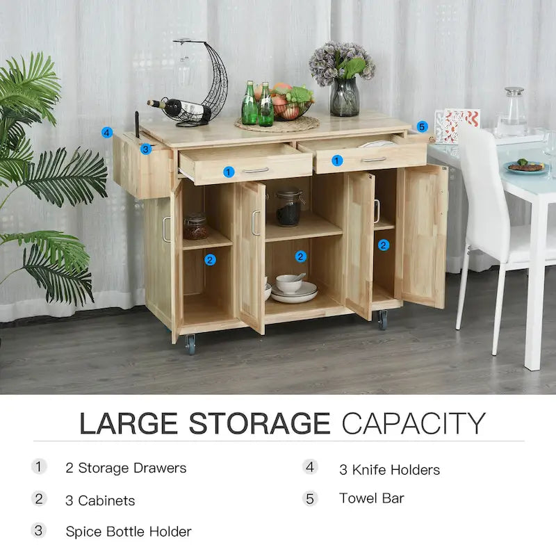 Rolling Kitchen Island Cart with 5 Drawers, 3 Cabinets, Spice Rack and Towel Bar