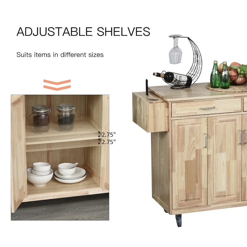 Rolling Kitchen Island Cart with 5 Drawers, 3 Cabinets, Spice Rack and Towel Bar
