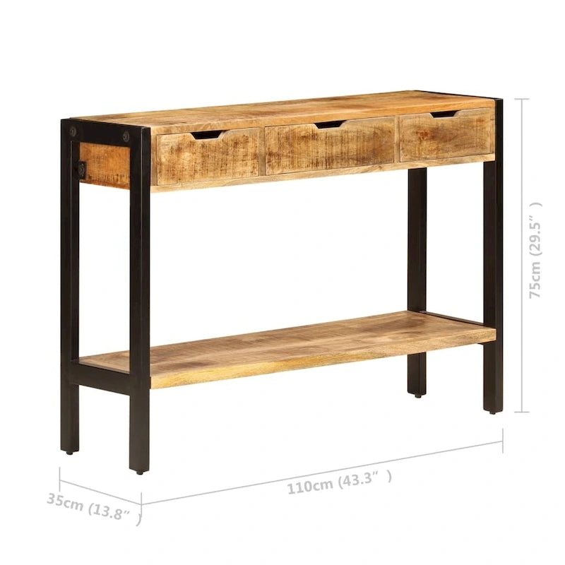 Solid Mango Wood Sideboard with 3 Drawers - 43.3x13.8x29.5