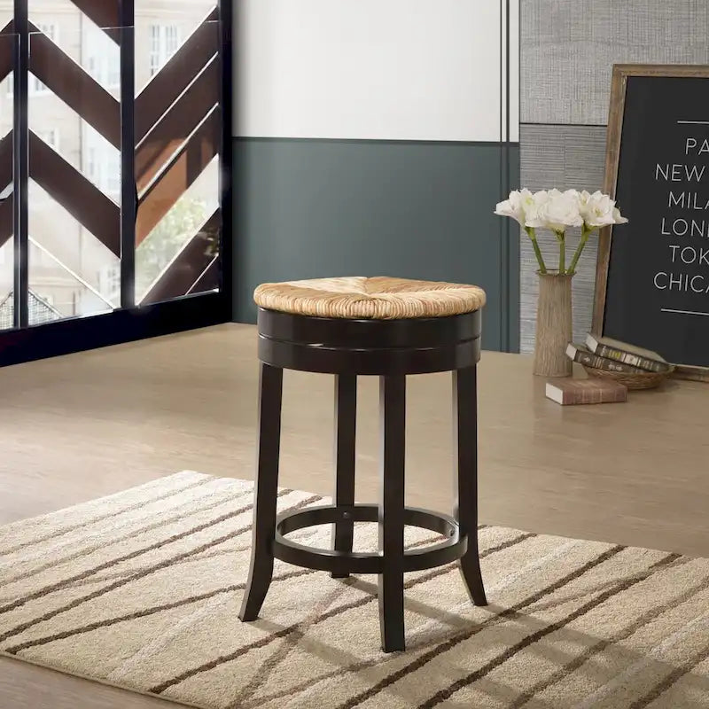 24 Inch Brown and Beige Swivel Counter Stool with Rush Seat