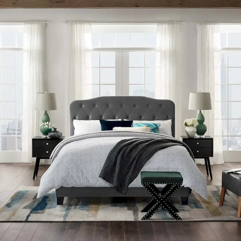 Queen Upholstered Velvet Bed with Button Tufted Headboard - 800 lb Capacity