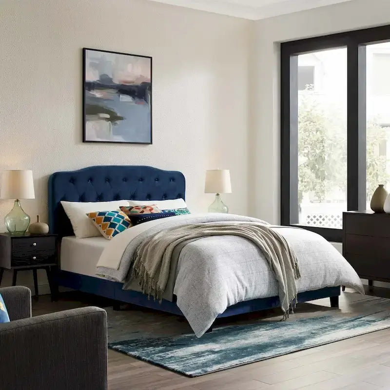 Queen Upholstered Velvet Bed with Button Tufted Headboard - 800 lb Capacity