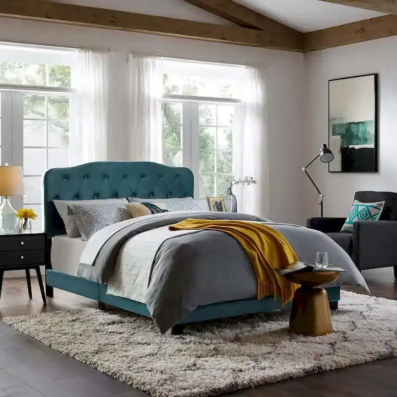Queen Upholstered Velvet Bed with Button Tufted Headboard - 800 lb Capacity