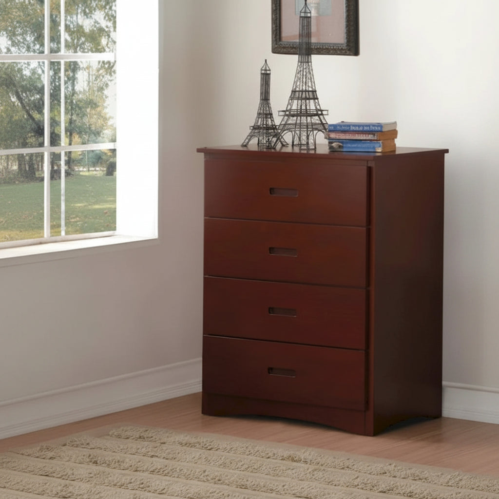 Wooden Chest With 4 Drawers, Dark Cherry Brown