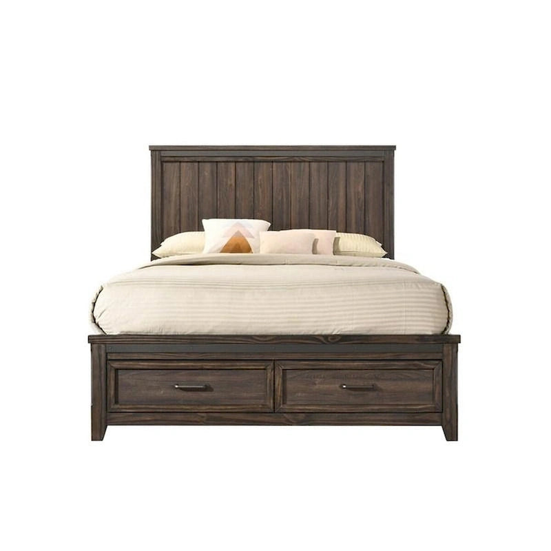 Queen Size Bed with Panel Headboard - Rustic Modern Brown Wood