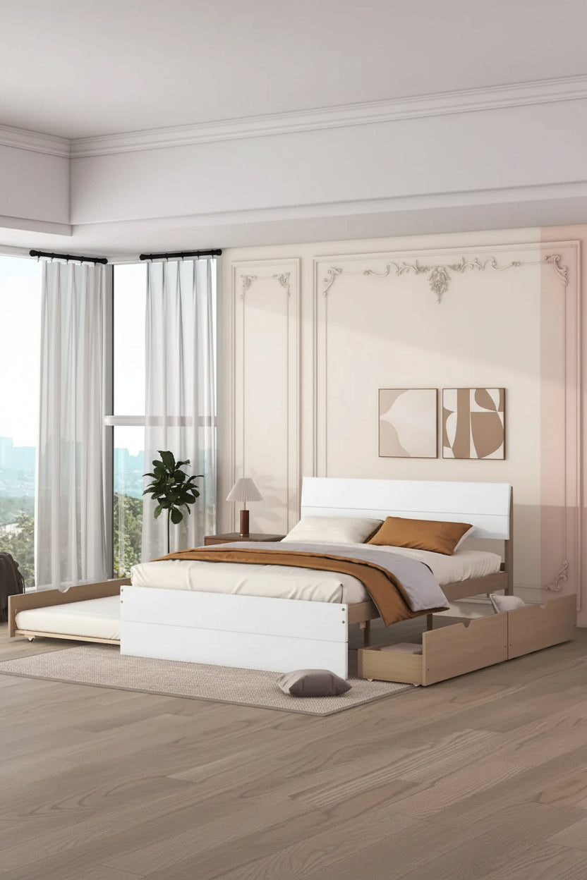 Modern Full Bed Frame With Twin Size Trundle And 2 Drawers