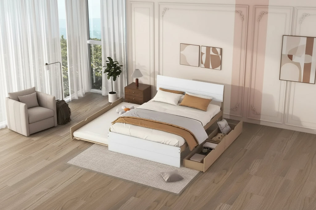 Modern Full Bed Frame With Twin Size Trundle And 2 Drawers