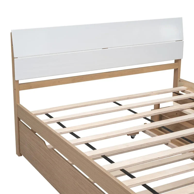 Modern Full Bed Frame With Twin Size Trundle And 2 Drawers