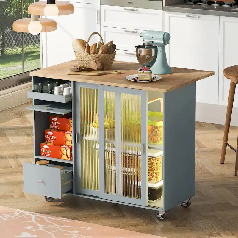 Kitchen Island with Drop Leaf, LED Light, Fluted Glass Doors and Drawers