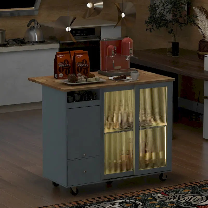 Kitchen Island with Drop Leaf, LED Light, Fluted Glass Doors and Drawers