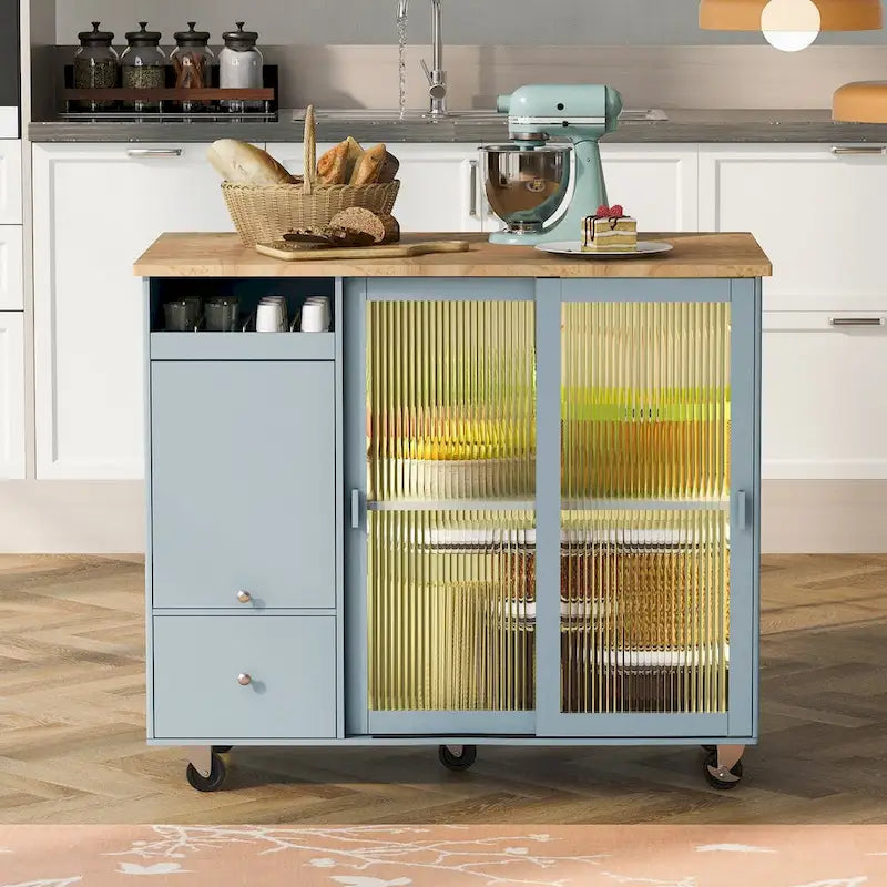 Kitchen Island with Drop Leaf, LED Light, Fluted Glass Doors and Drawers
