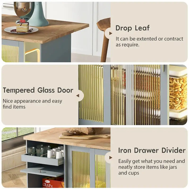 Kitchen Island with Drop Leaf, LED Light, Fluted Glass Doors and Drawers