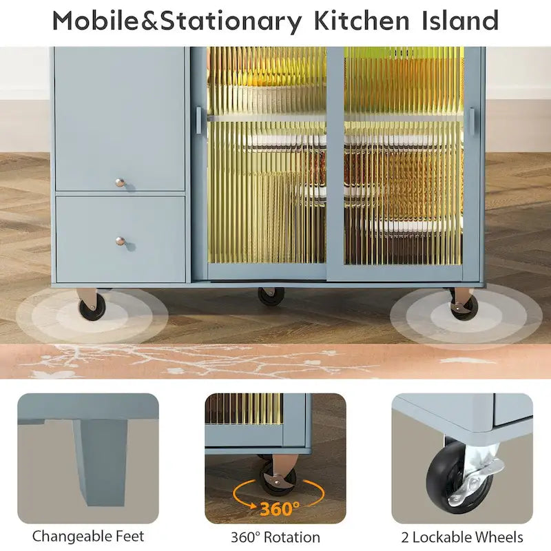 Kitchen Island with Drop Leaf, LED Light, Fluted Glass Doors and Drawers